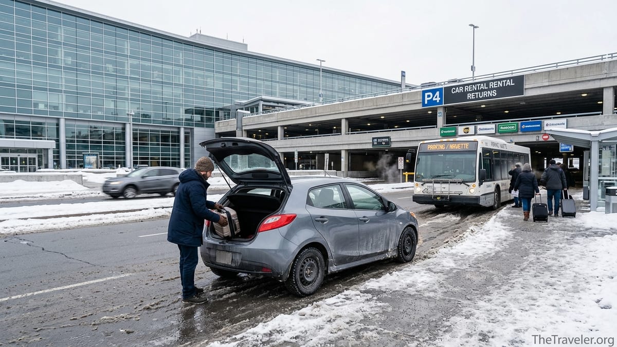 Traveler loading luggage into a rental car with winter tires outside Montreal Trudeau Airport near the P4 parking structure.