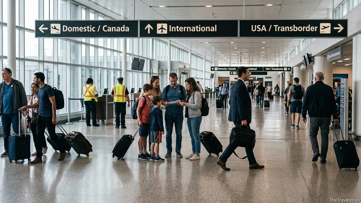 Travelers at Montreal Trudeau Airport walking toward domestic, international and U.S. transborder gates.
