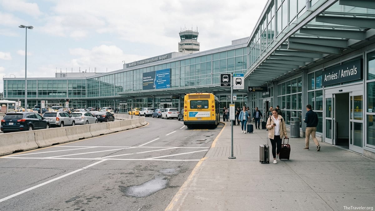 Curbside view of Montreal Trudeau Airport with taxis, 747 bus, and passengers at the arrivals level.