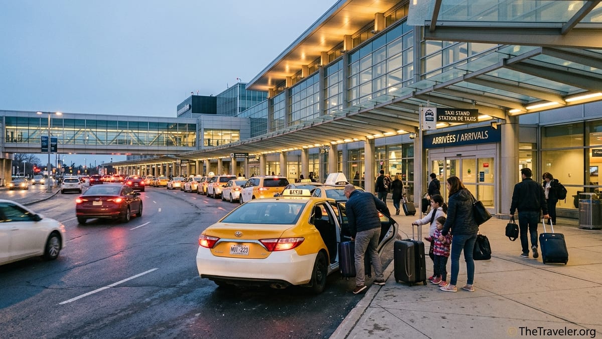 Travelers with luggage lining up for official taxis outside Montréal–Trudeau Airport in early evening.