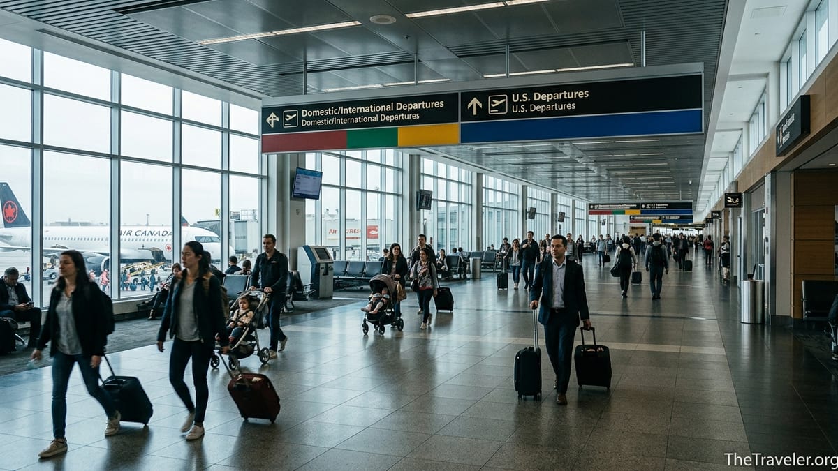 Interior of Montreal Trudeau Airport’s single terminal showing split routes to domestic, international, and U.S. departures.