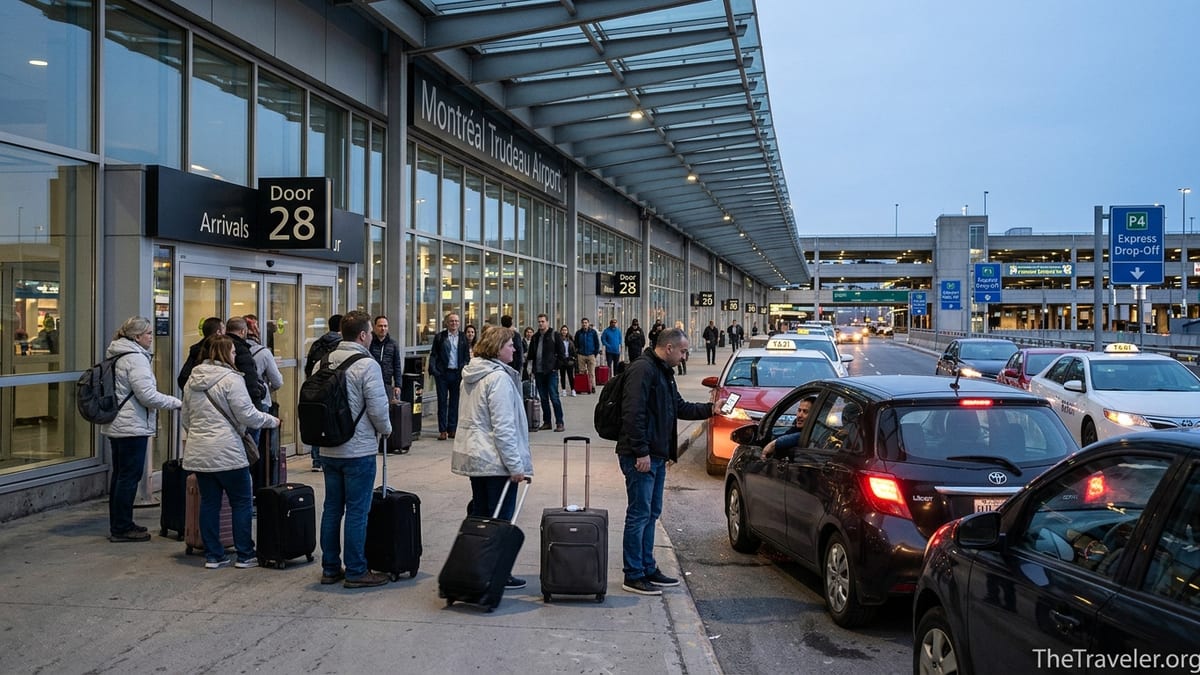 Passengers waiting at Uber pickup queue near Door 28 at Montreal Trudeau Airport arrivals in the evening.