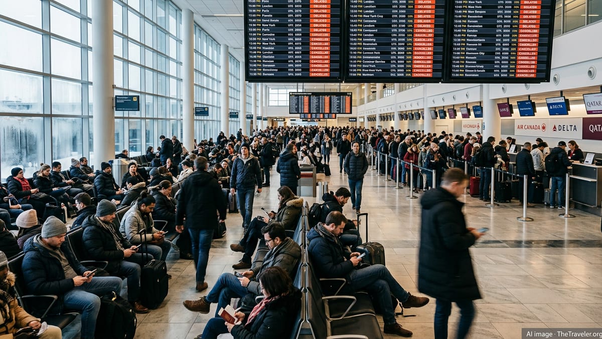 Crowded Montreal airport departures hall with delayed and cancelled flights on screens.