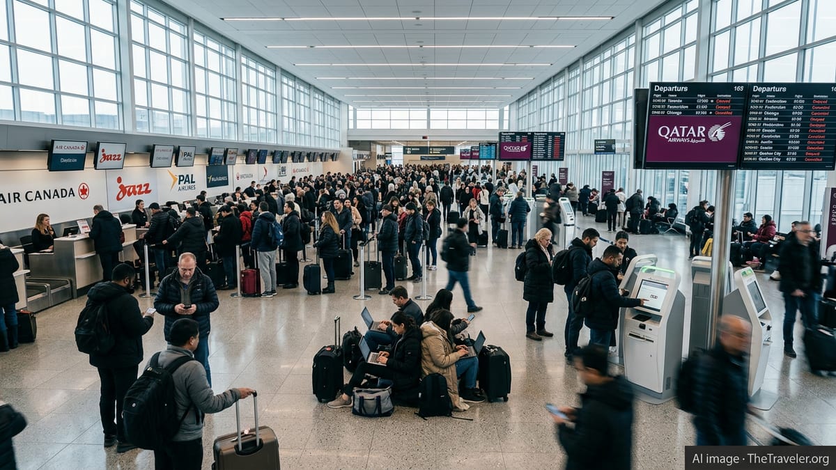 Crowded Montreal–Trudeau terminal with long airline queues and delayed flights on departure boards.