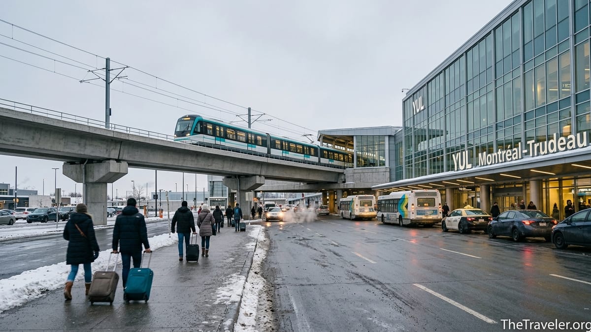 Exterior of Montreal Trudeau Airport with REM train and travelers in winter scene