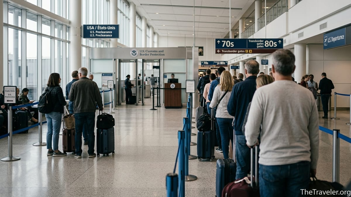 Travelers queue at Montreal Trudeau Airport Checkpoint C for U.S. CBP preclearance.