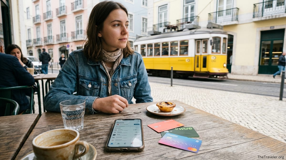 Monzo, Wise and Revolut cards beside a phone on a Lisbon café table showing travel spending.