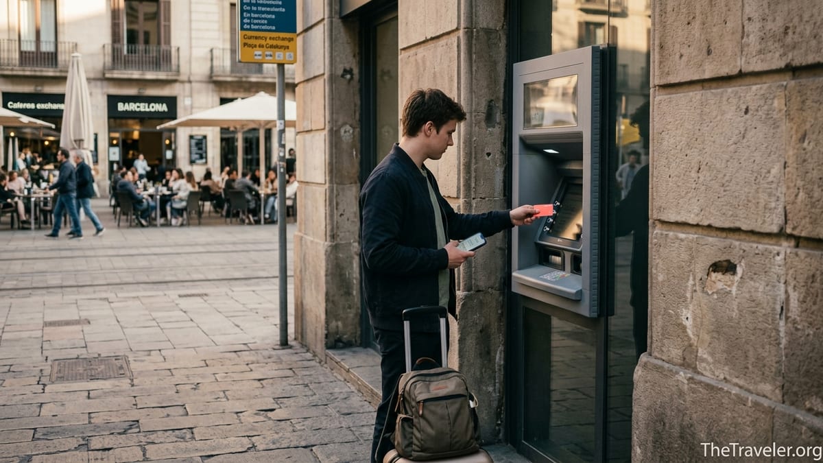 Traveller using a coral bank card at a European ATM while checking a banking app on their phone.