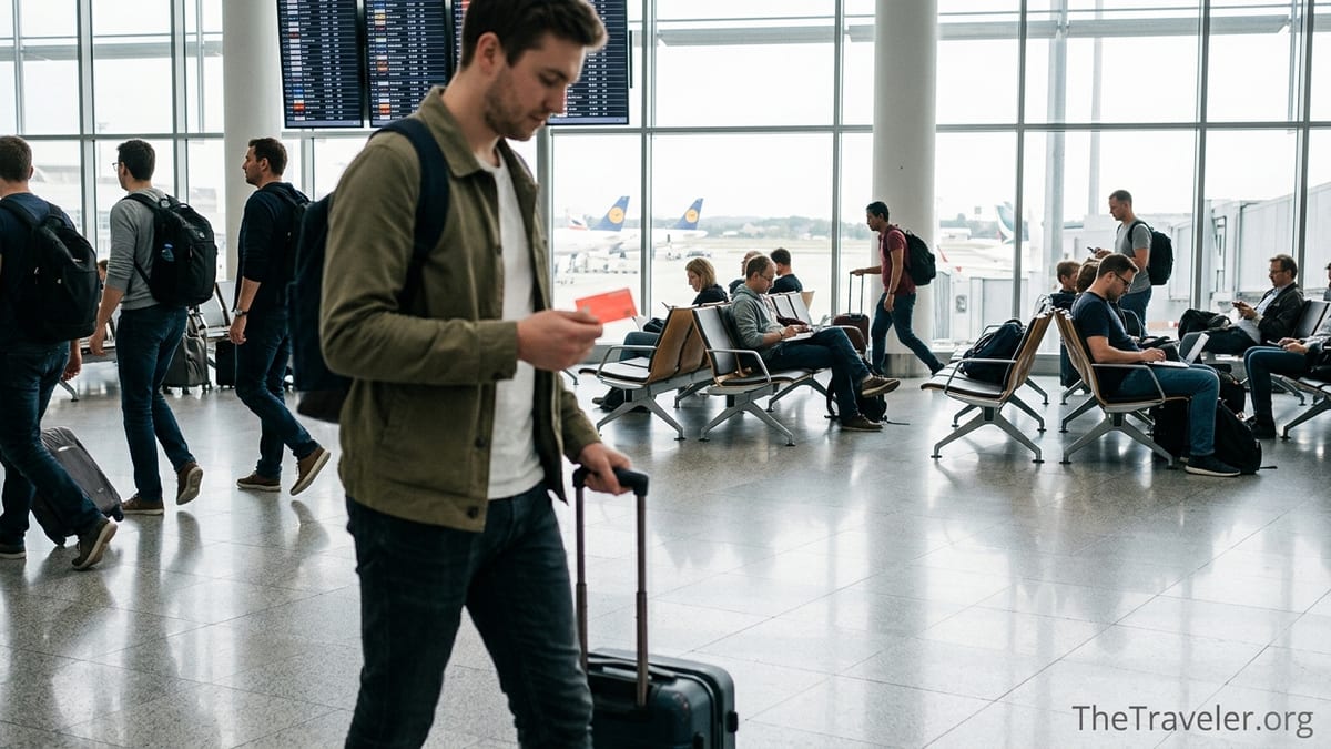 Traveler holding a Monzo card and phone in a bright European airport terminal.