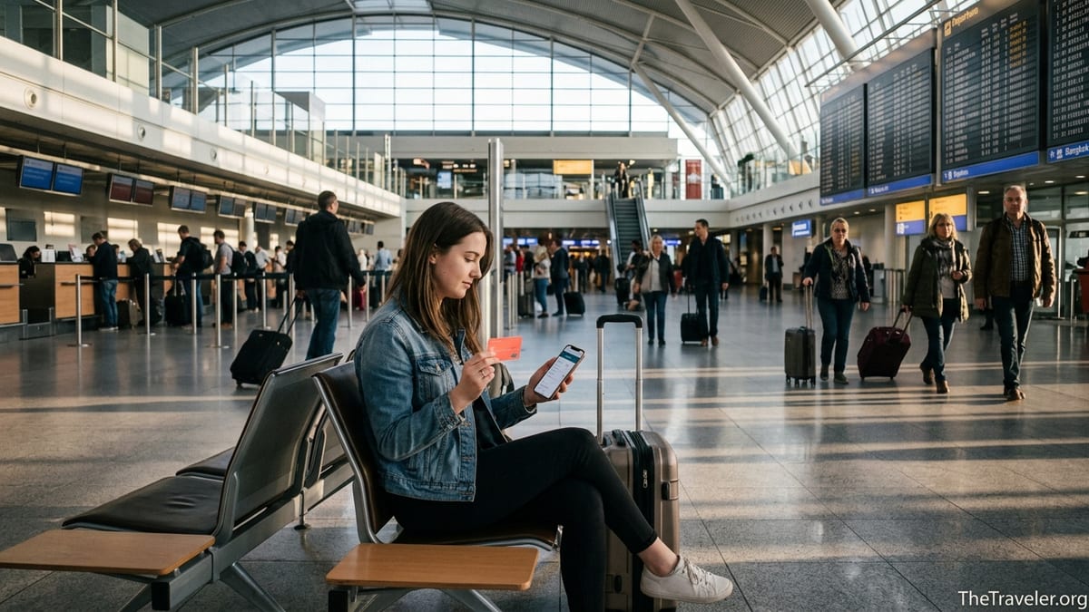 Traveler using a Monzo-style banking app on a phone in a busy airport departure hall.