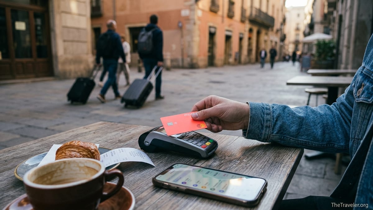 Traveller paying with a coral bank card at a European café while checking a budgeting app.
