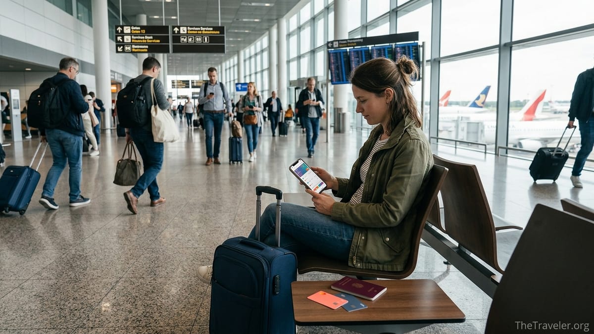 Traveler in a European airport checking a banking app on their phone with cards and passport beside them.