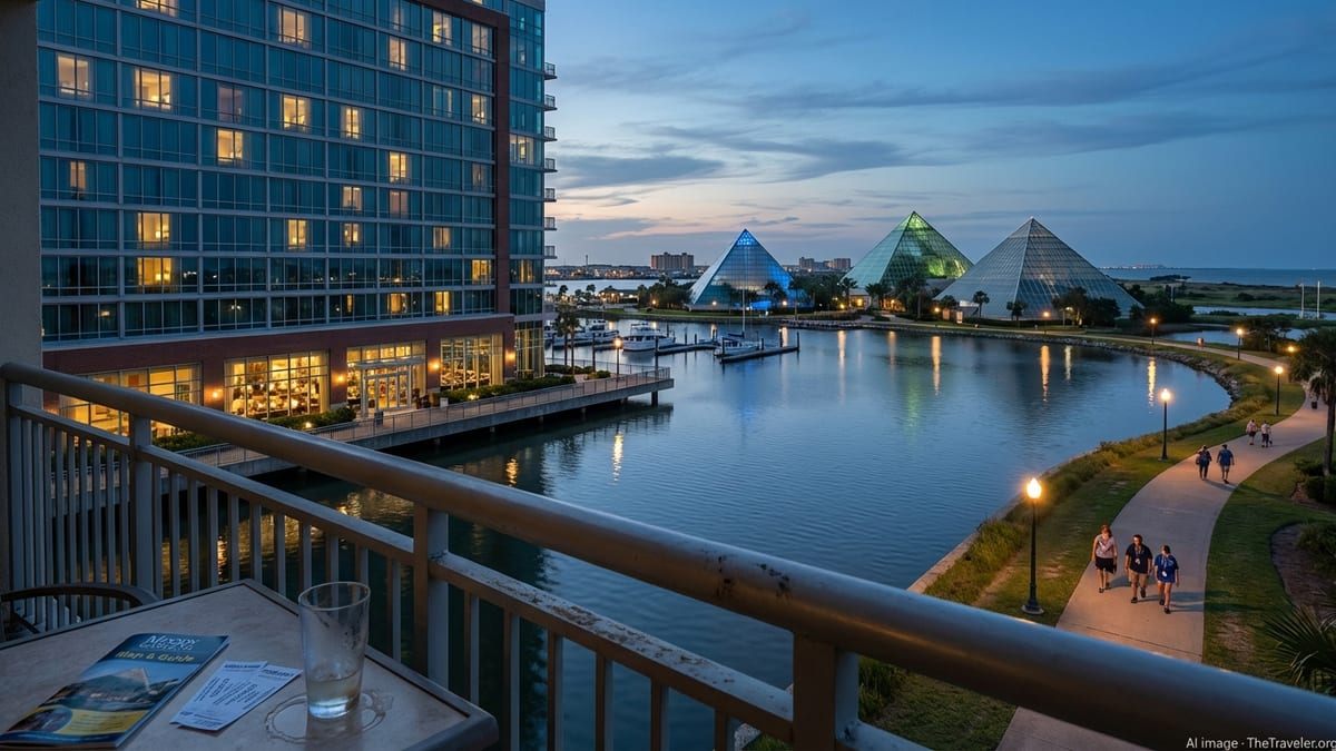 Moody Gardens Hotel and pyramids at dusk, viewed from a high balcony.