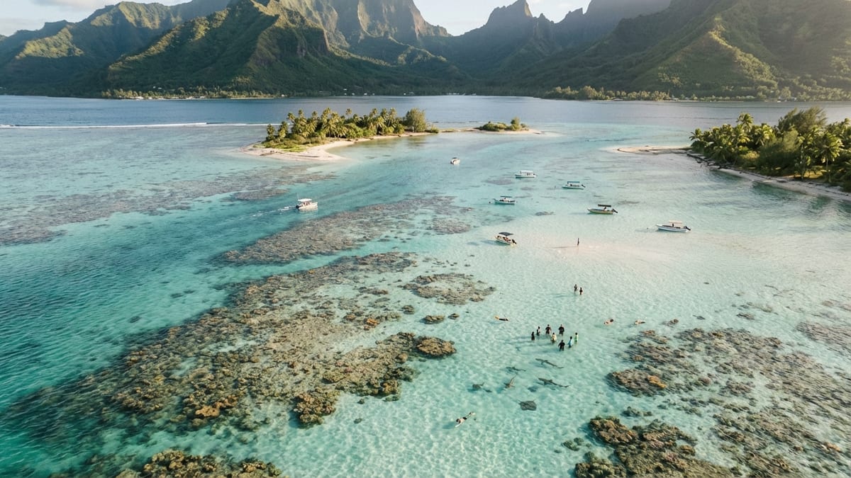 Aerial view of Moorea's northwest lagoon featuring snorkelers, boats, and volcanic peaks.