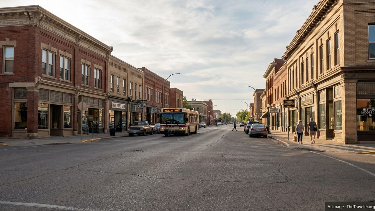 Downtown Moose Jaw street with city bus, brick buildings and pedestrians on a clear afternoon.