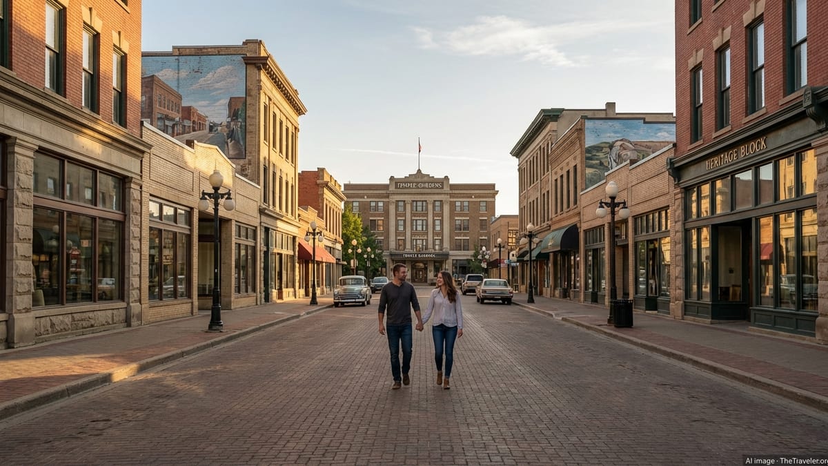 Golden hour view of historic downtown Moose Jaw with murals and pedestrians.