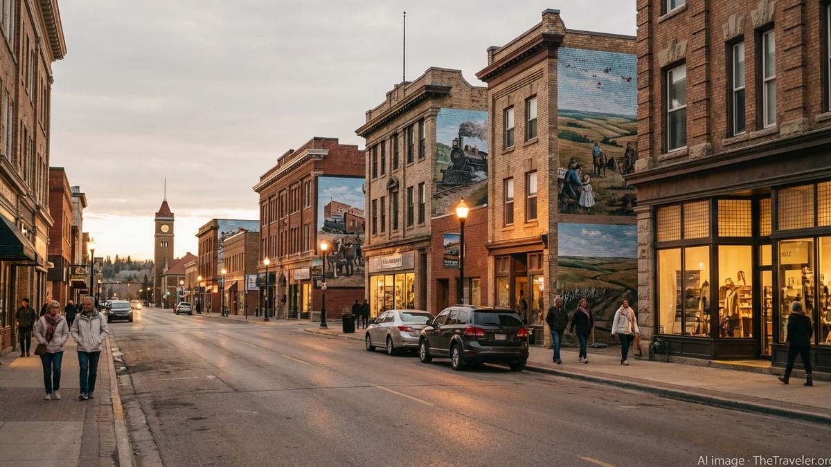 Golden-hour streetscape of historic downtown Moose Jaw with murals and brick buildings.