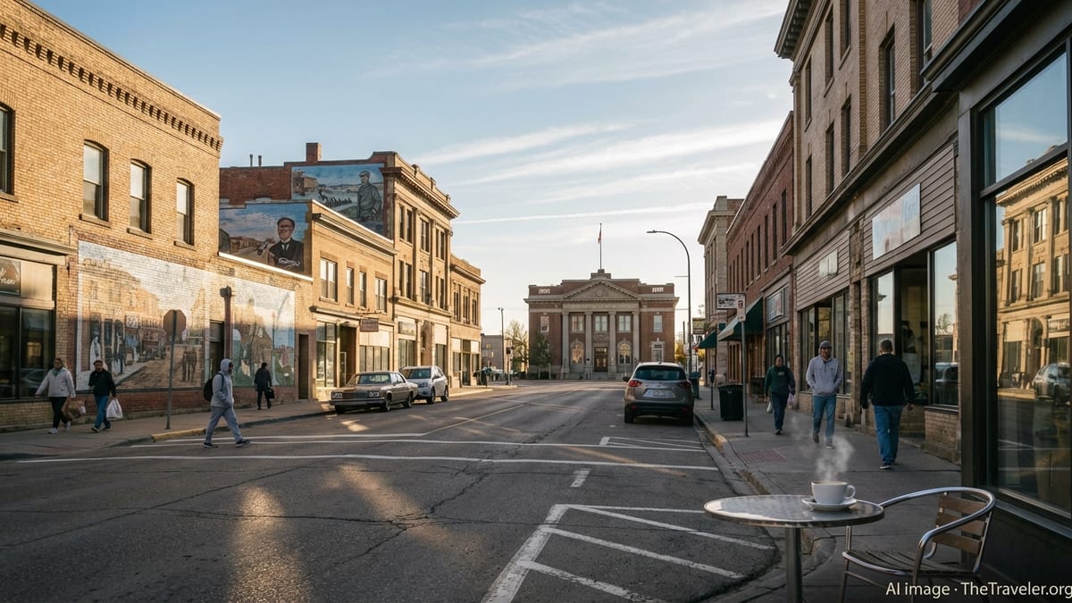 Early morning view of downtown Moose Jaw Main Street with murals and City Hall in warm sunlight.