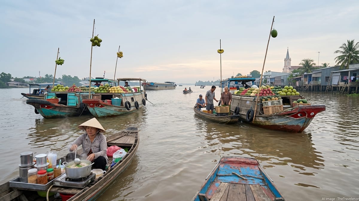 Morning scene at Cai Be Floating Market on Vietnam's Tien River.