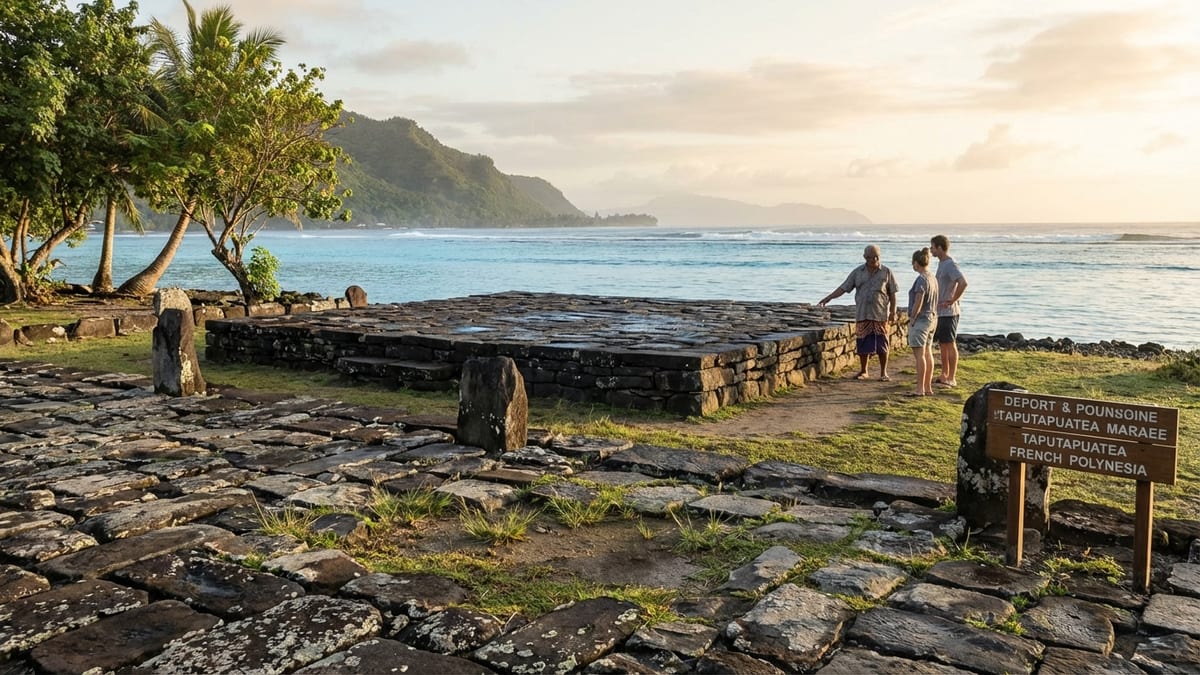 Morning light illuminating Taputapuatea marae on Raiatea, with visitors engaging in discussion. 