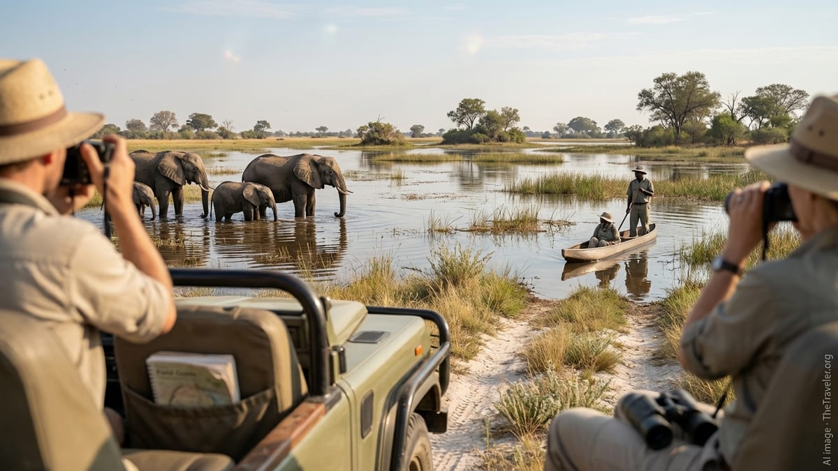 Morning safari in Okavango Delta, Botswana featuring elephants, a canoe, and travelers.
