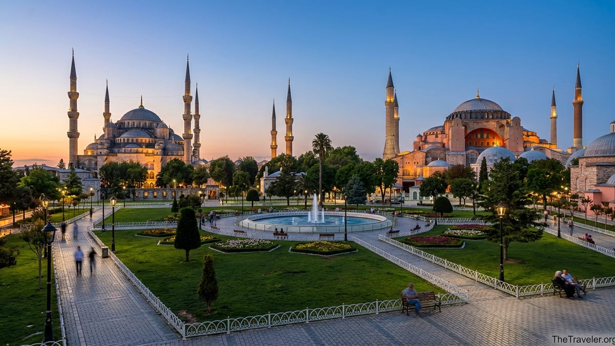 Evening view of Sultanahmet Square with Blue Mosque and Hagia Sophia glowing at twilight.
