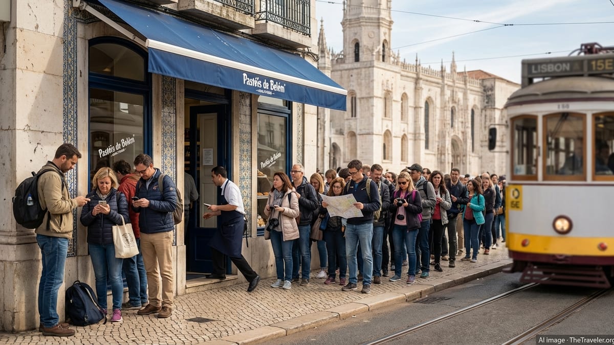 Morning queue outside Pastéis de Belém bakery in Lisbon, Portugal.