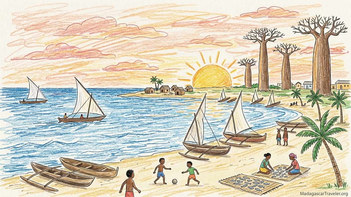 Nosy Kely beach in Morondava with beached pirogues, fishermen and sunset over the Mozambique Channel.