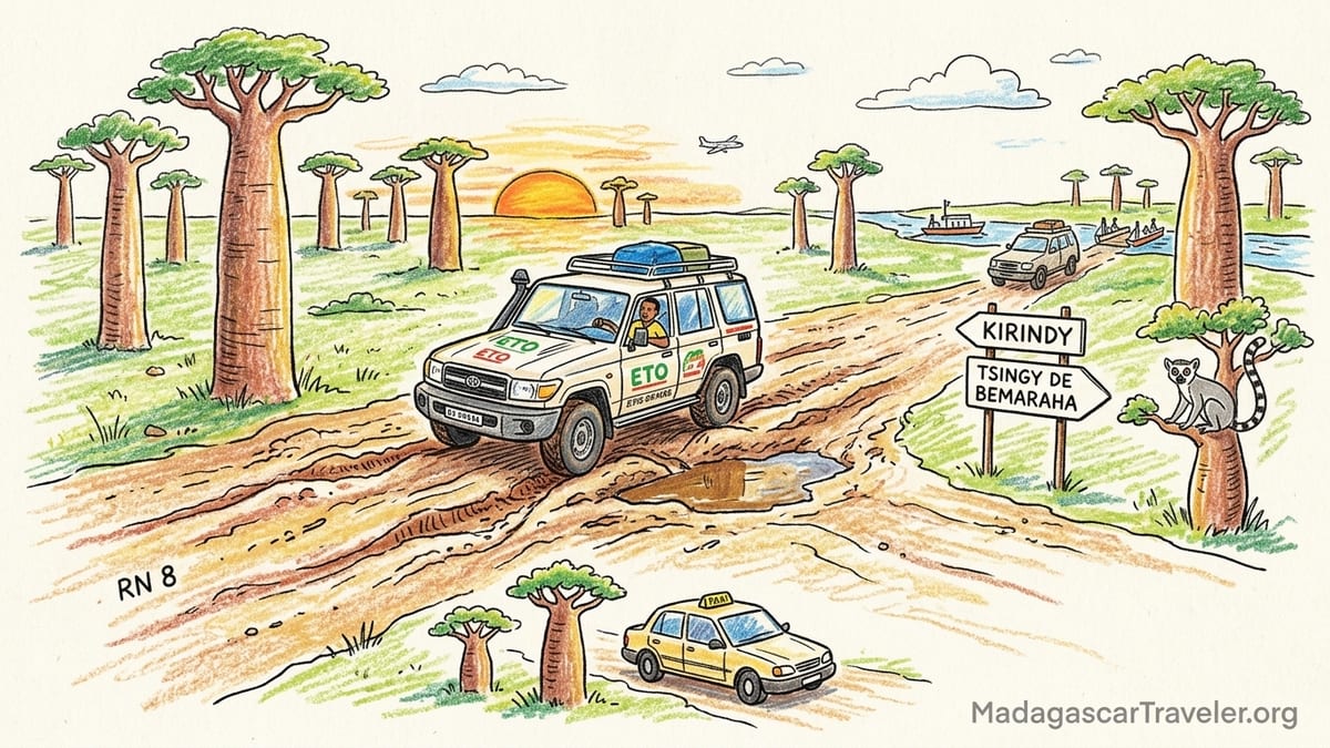 4x4 and driver at Madagascar’s Avenue of the Baobabs near Morondava at sunset.
