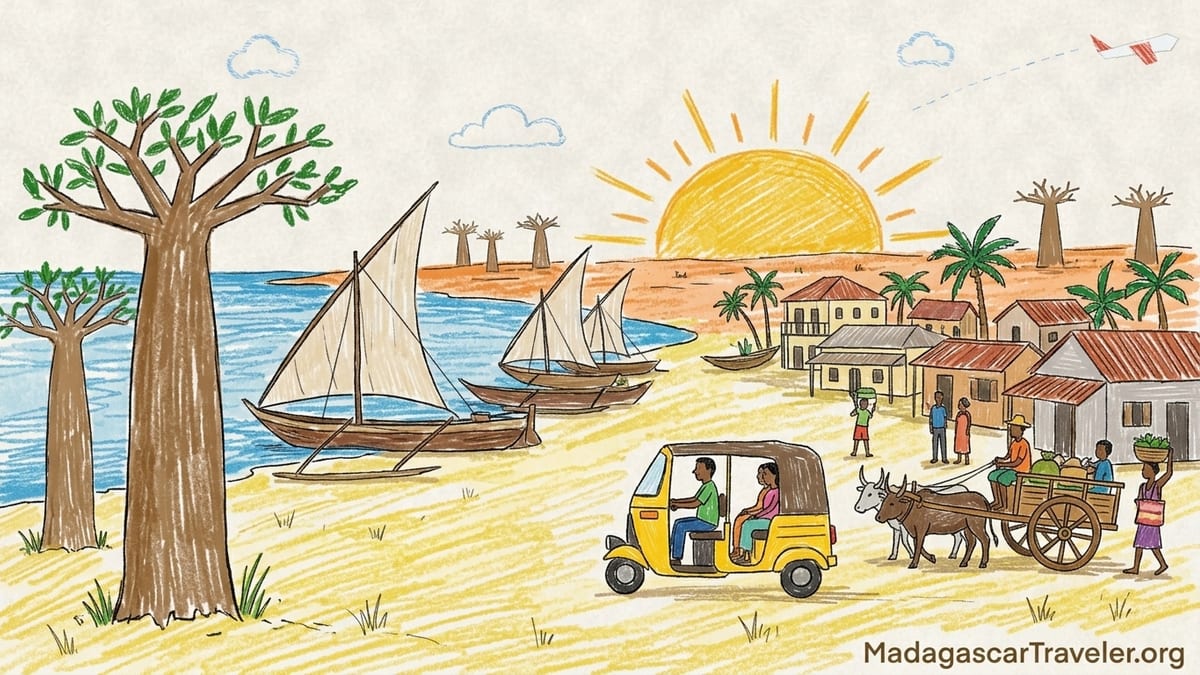 Sunset over Nosikely beach in Morondava with fishing boats, calm sea and low-rise hotels along the shore.