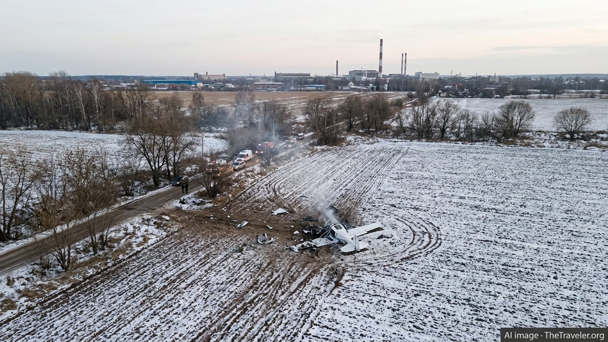 Crash site of a small aircraft in a snowy field near industrial buildings in Russia.