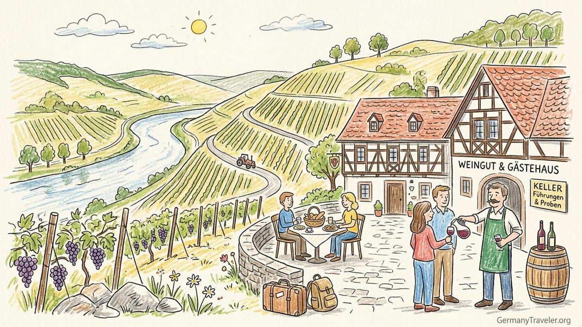 Terrace of a Mosel winery guesthouse overlooking steep vineyards and the river at sunset.