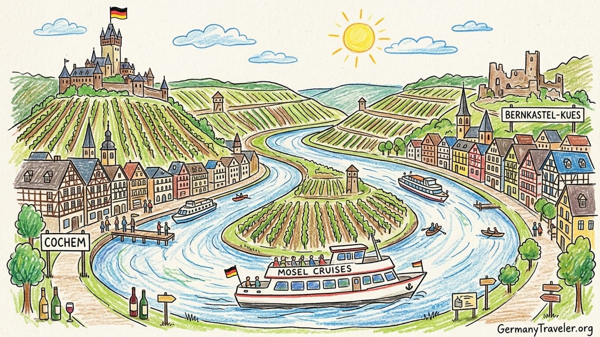 Sightseeing boat on the Moselle River passing vineyards and Cochem castle at sunset.