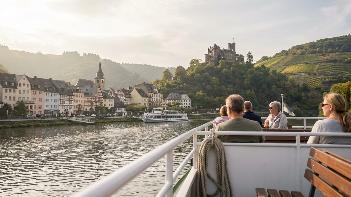 View from Moselle riverboat of Cochem town and Reichsburg Cochem on a late-summer afternoon. 