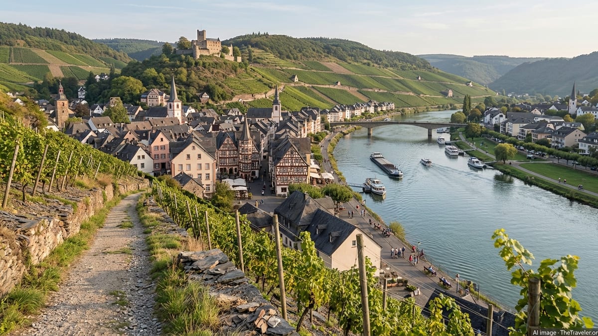 View of the Moselle valley and old town of Bernkastel-Kues from a hillside vineyard path.