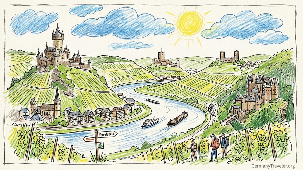 Reichsburg Cochem above the Moselle River and town at sunset, seen from nearby vineyards.