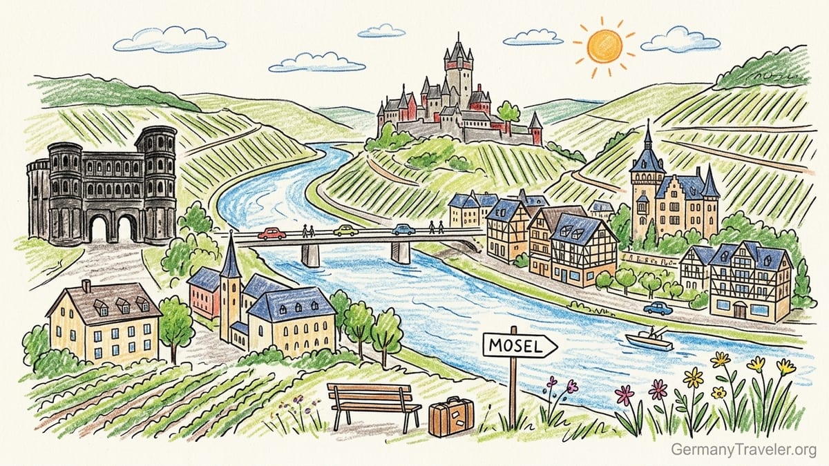 River-view hotel balconies overlooking Traben-Trarbach and Moselle vineyards at sunset.
