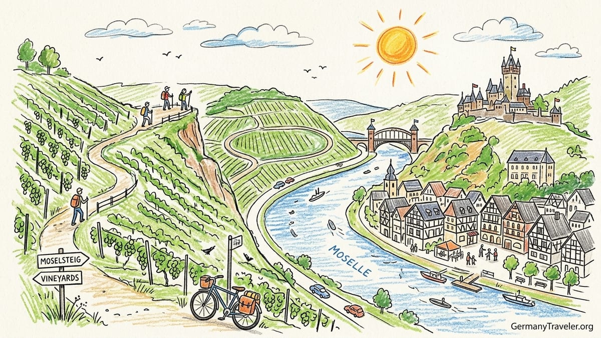 Moselle River curving below vineyards and Cochem’s hilltop castle at sunset.