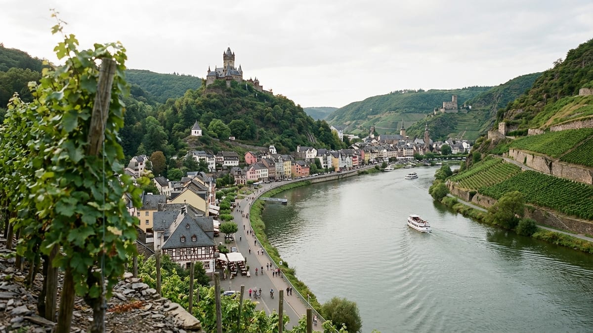 Panoramic view of Moselle Valley with Cochem town and vineyard-wrapped Bernkastel-Kues.