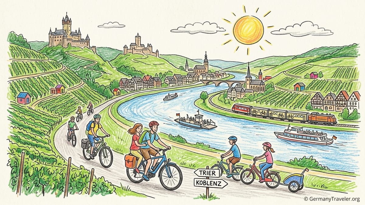 Cycling path along the Moselle River with touring bikes, vineyards and a wine town in morning light.