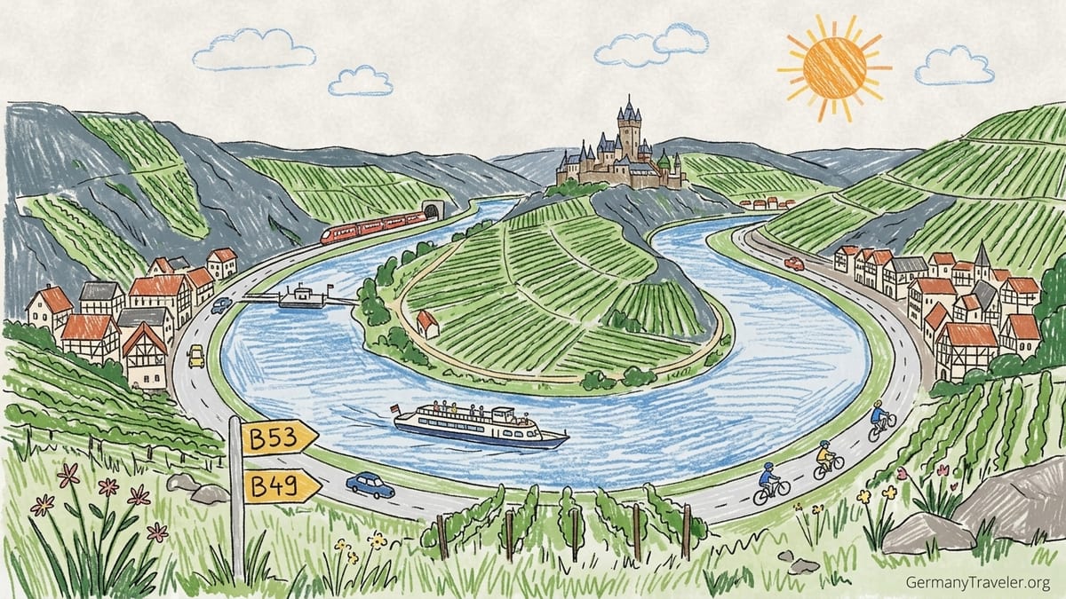 View over Moselle River bend with vineyards above Bremm and a wine village by the water at sunset.