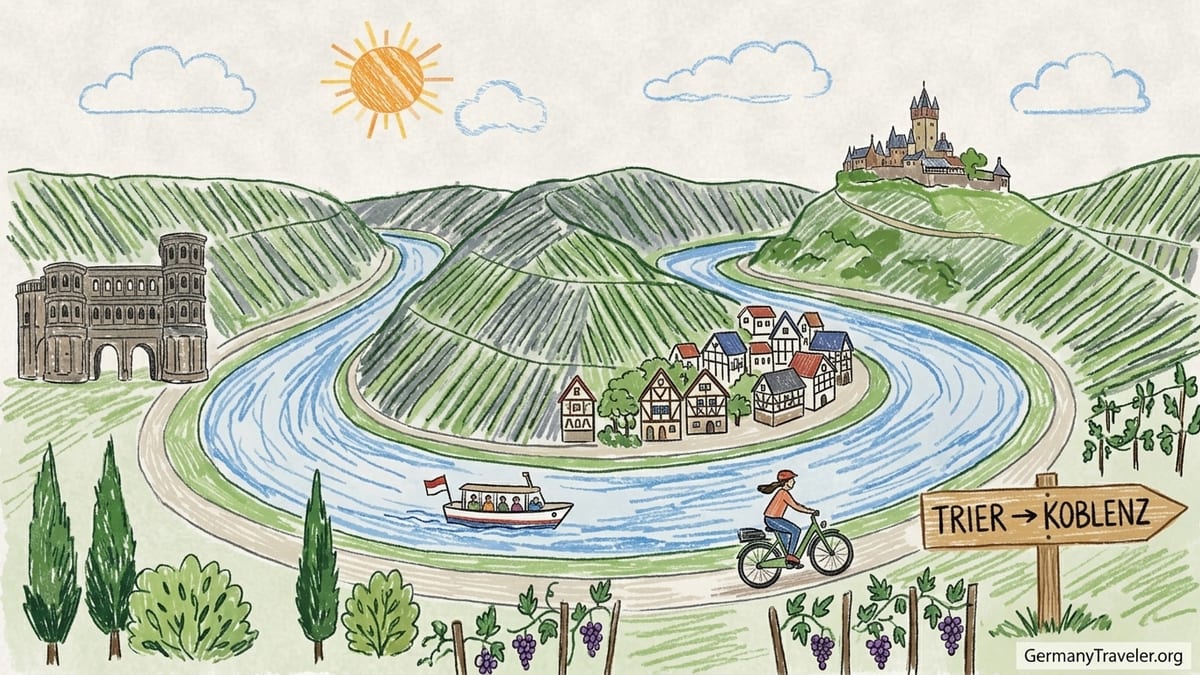 Moselle River winding past a steep vineyard and traditional wine village at sunset in Germany.