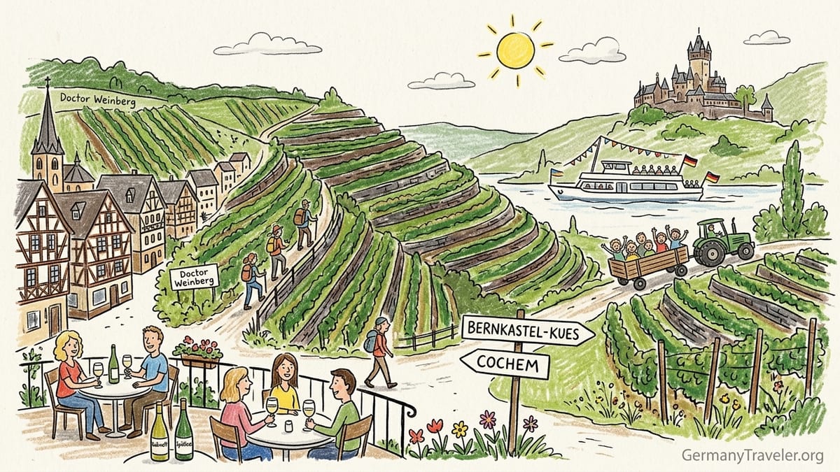 Vineyard above the Moselle River with travelers tasting Riesling overlooking a village and passing boat at sunset.