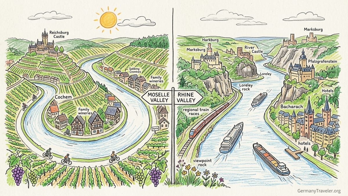Aerial view of German river valley with vineyards, castle and wine village at sunset