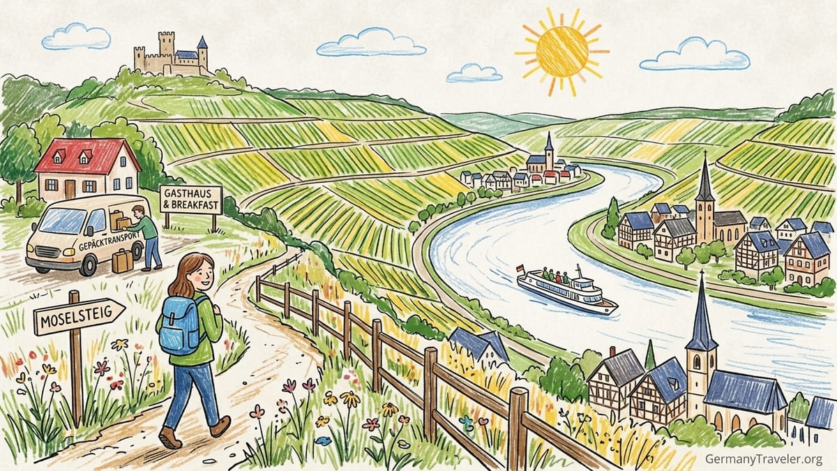 Vineyard path on the Moselsteig above the Moselle River with villages and castle below.