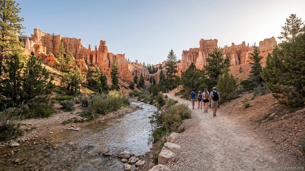 Hikers on Mossy Cave Trail walking beside a shallow stream below Bryce Canyon hoodoos.