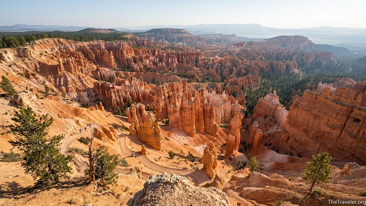View over Bryce Canyon hoodoos with hikers on Navajo Loop switchbacks at sunrise.