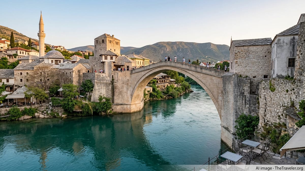 Mostar’s Old Bridge over the turquoise Neretva River at sunset with stone houses and a minaret in view.