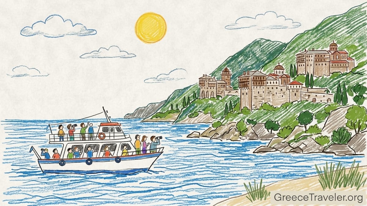 Passengers on a shaded boat deck viewing Mount Athos monasteries from offshore near Ouranoupoli, Greece.