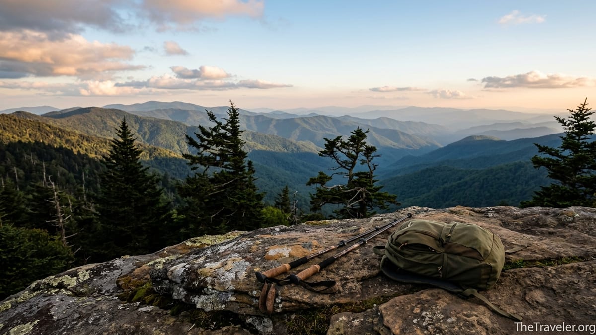 Sunset view over layered Smoky Mountain ridges from a rocky overlook on Mount Le Conte.
